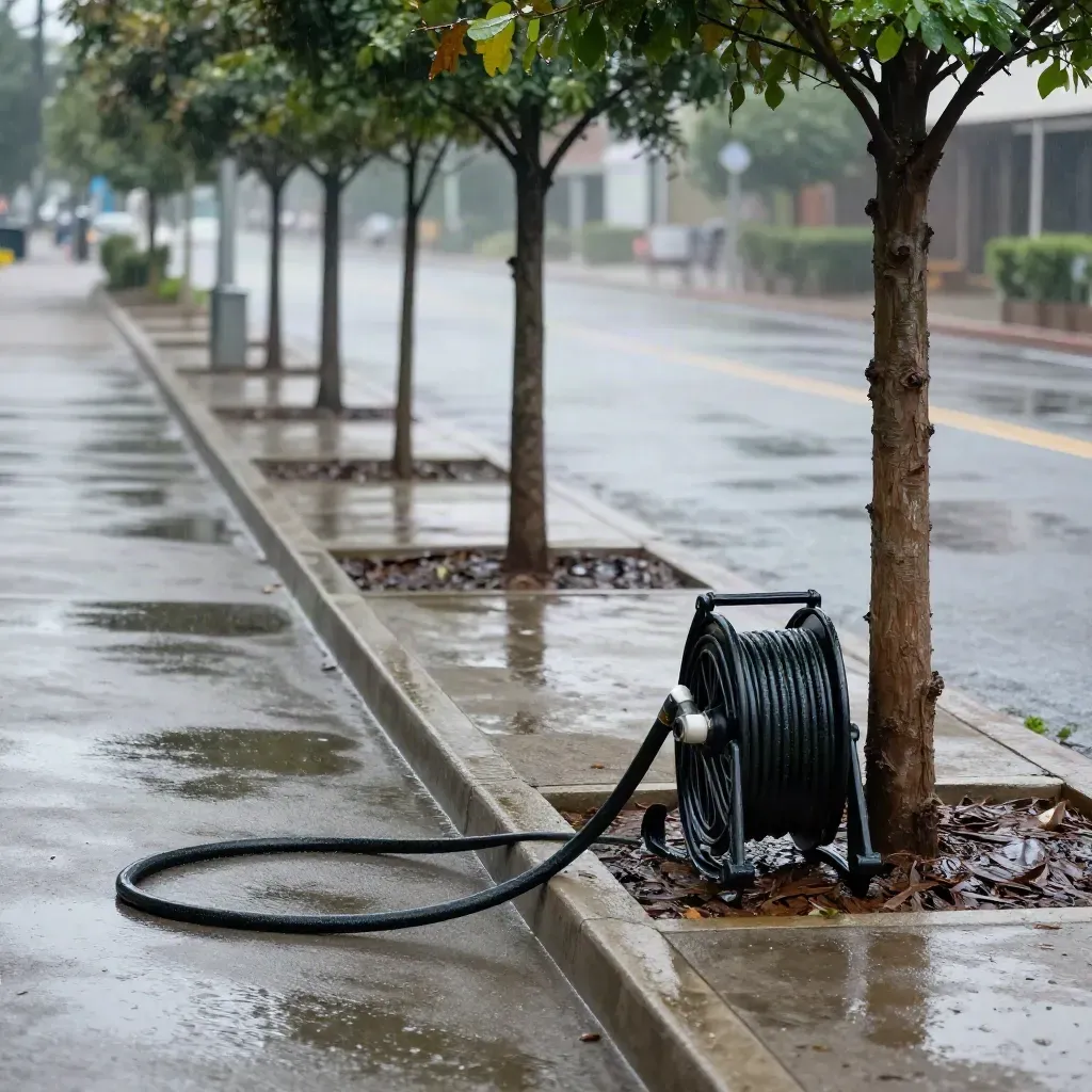 Wet young street trees with watering basins and a hose reel after rain, steam rising from curbside asphalt.