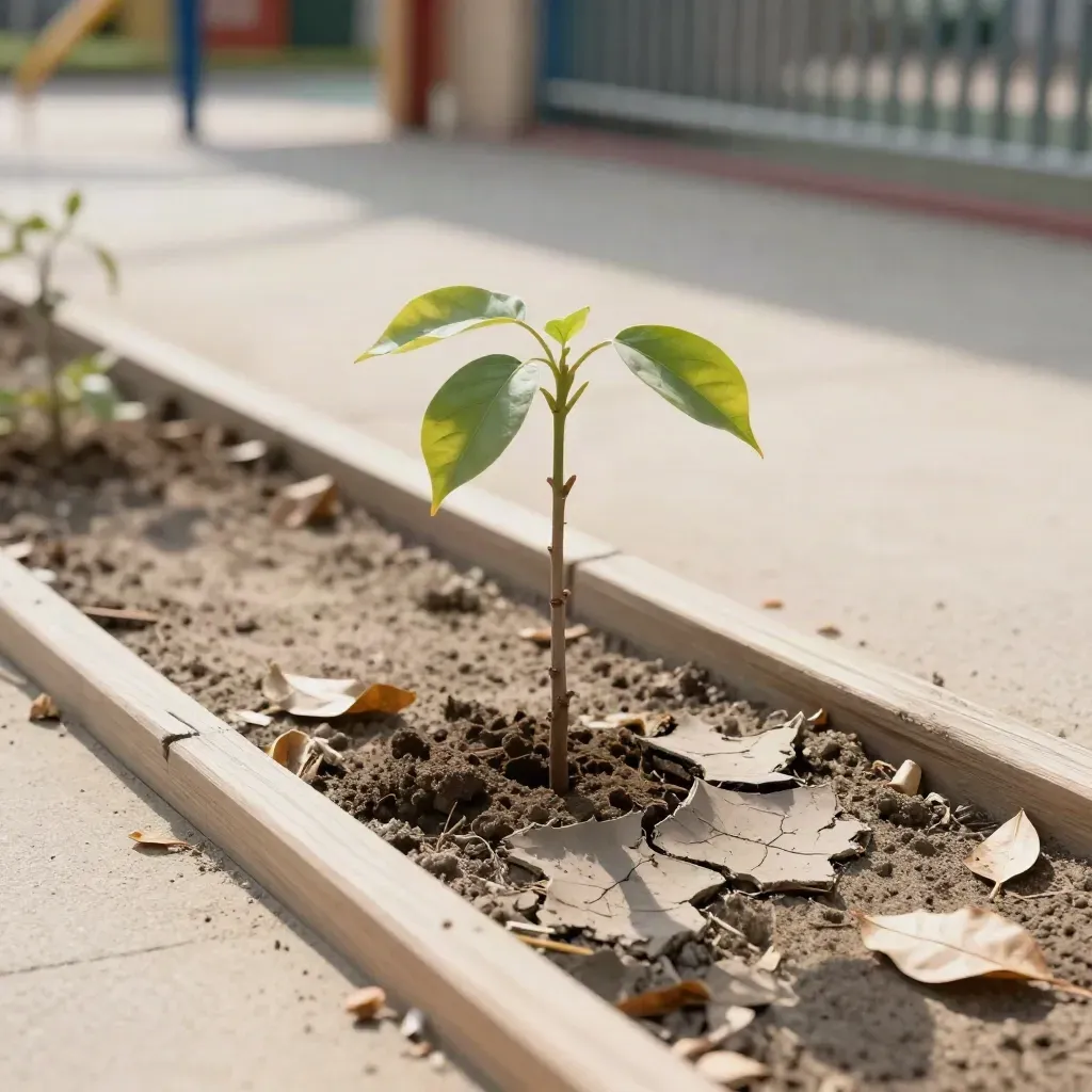 Young sapling with curled leaves and cracked soil in a schoolyard bed, lit by afternoon sun.
