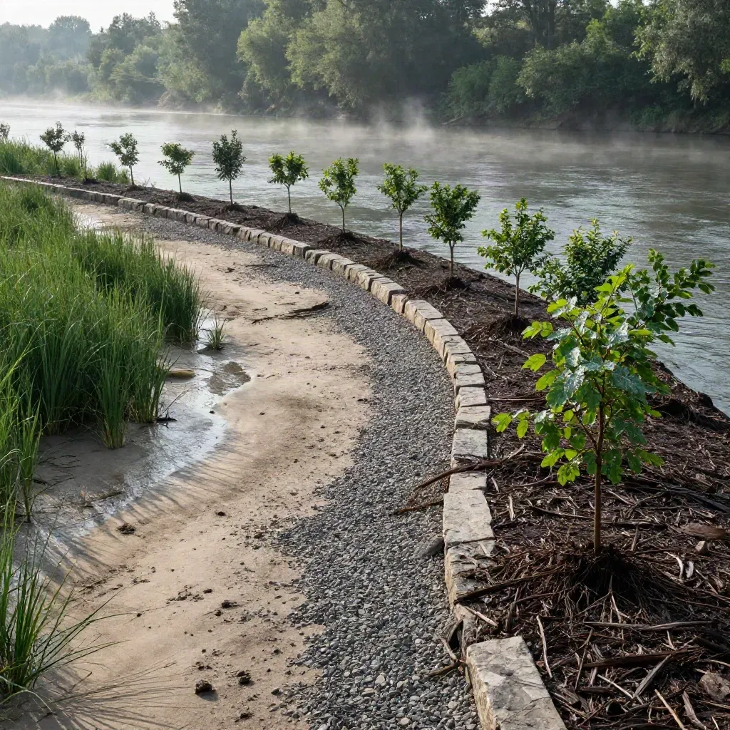 River mist over newly planted trees and trail edging along a shaded riverbank.