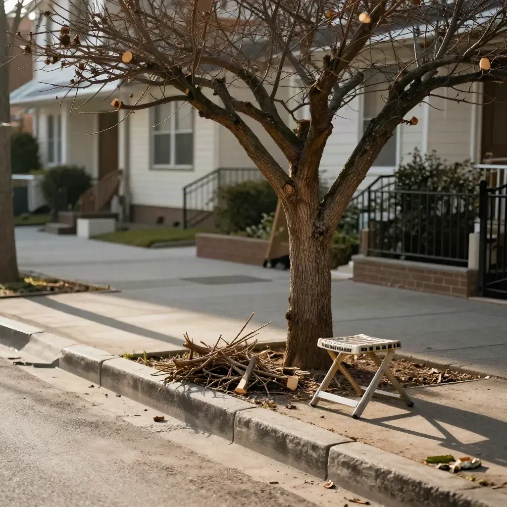 Pruned street tree, cut twigs, and an empty folding stool on a quiet sunlit sidewalk.