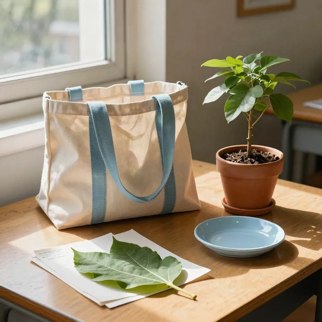 School outreach kit with leaf samples, tote, potted tree, and ceramic dish on a sunlit classroom table.