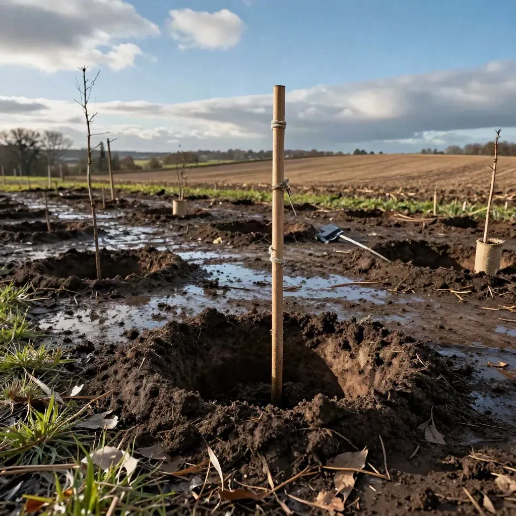 Rain-dark planting pits and saplings at dusk, stakes folded nearby under low cloud.