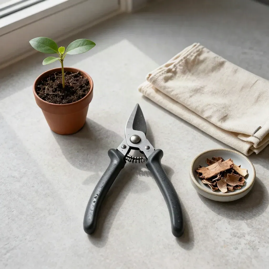 Overhead pruners beside sapling, cloth, and bark chips on stone.