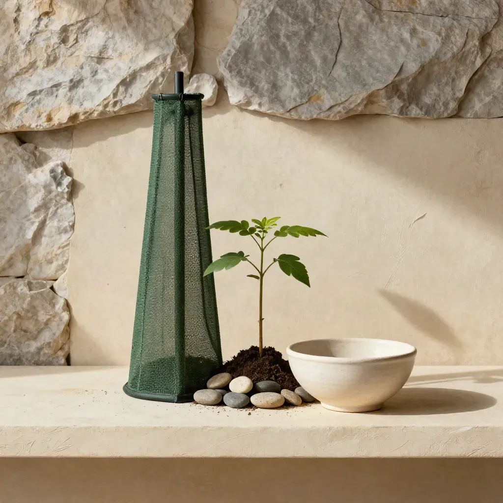 Mesh tree guard, native seedling, river stones and ceramic bowl on a plaster shelf.