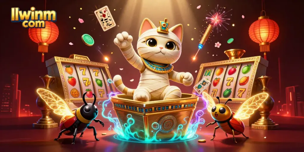 Engage with llwinm com's casino adventure featuring an Egyptian mummy cat and golden elements.
