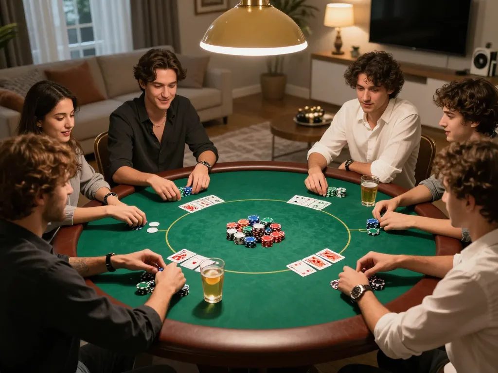 MM88 players strategizing during a lively poker night in a cozy home setting.