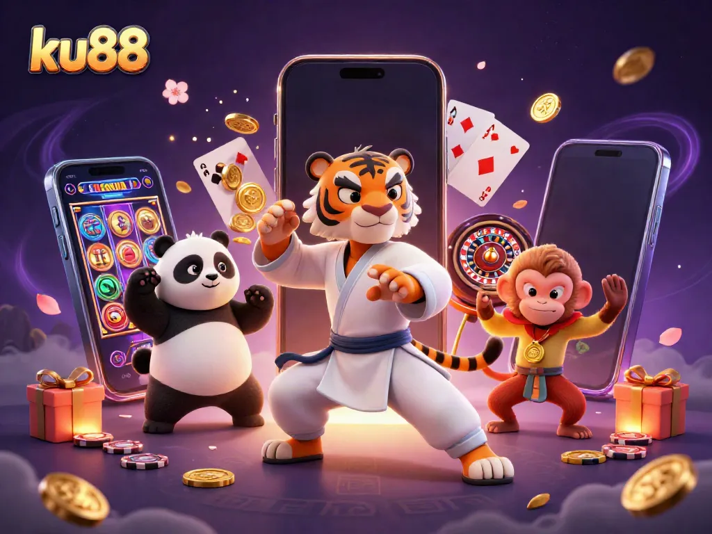 Engage in winning with ku88 as a kung fu tiger performs amid vibrant casino elements.