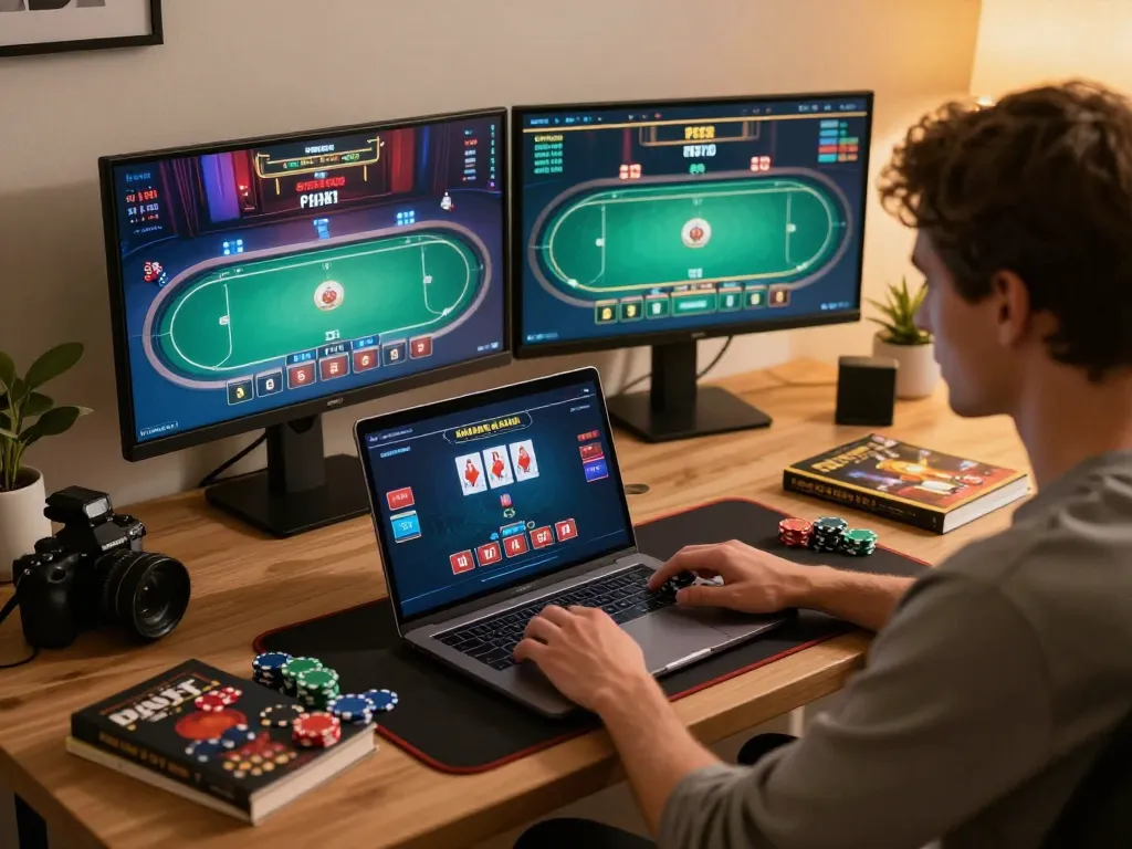 MM88 player engaged in poker strategy at a cozy home setup, showcasing betting options and game interaction