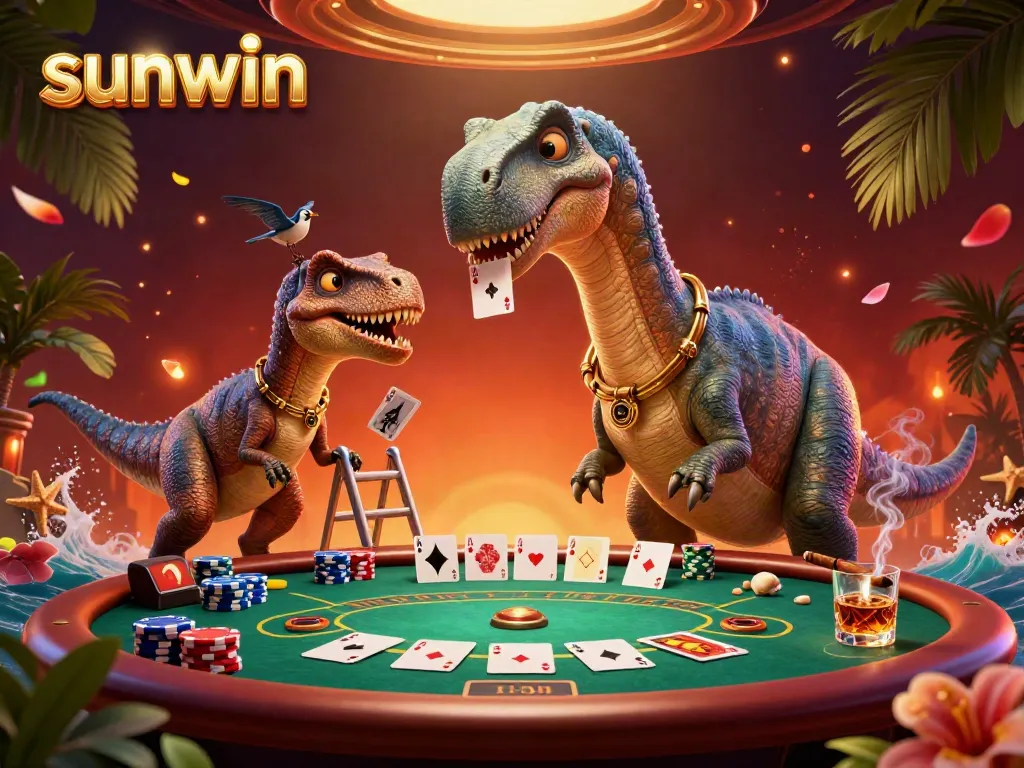 Experience thrilling gameplay with sunwin as a 3D brontosaurus oversees a poker table filled with action.