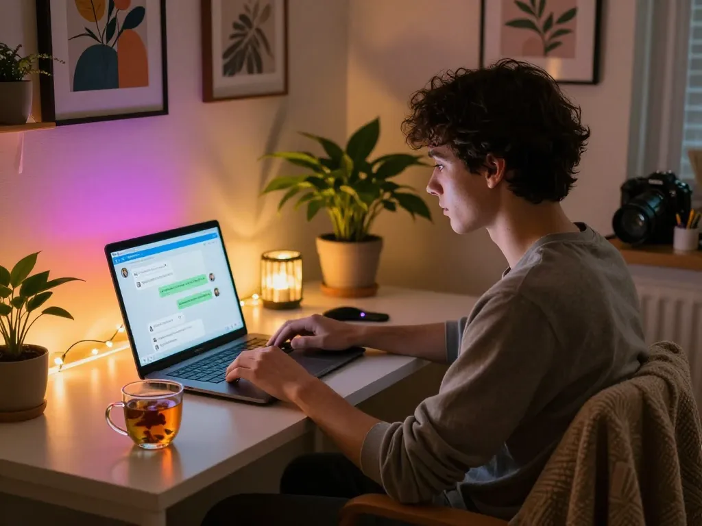 Engaging ai sex chat conversation in a cozy home office setting.