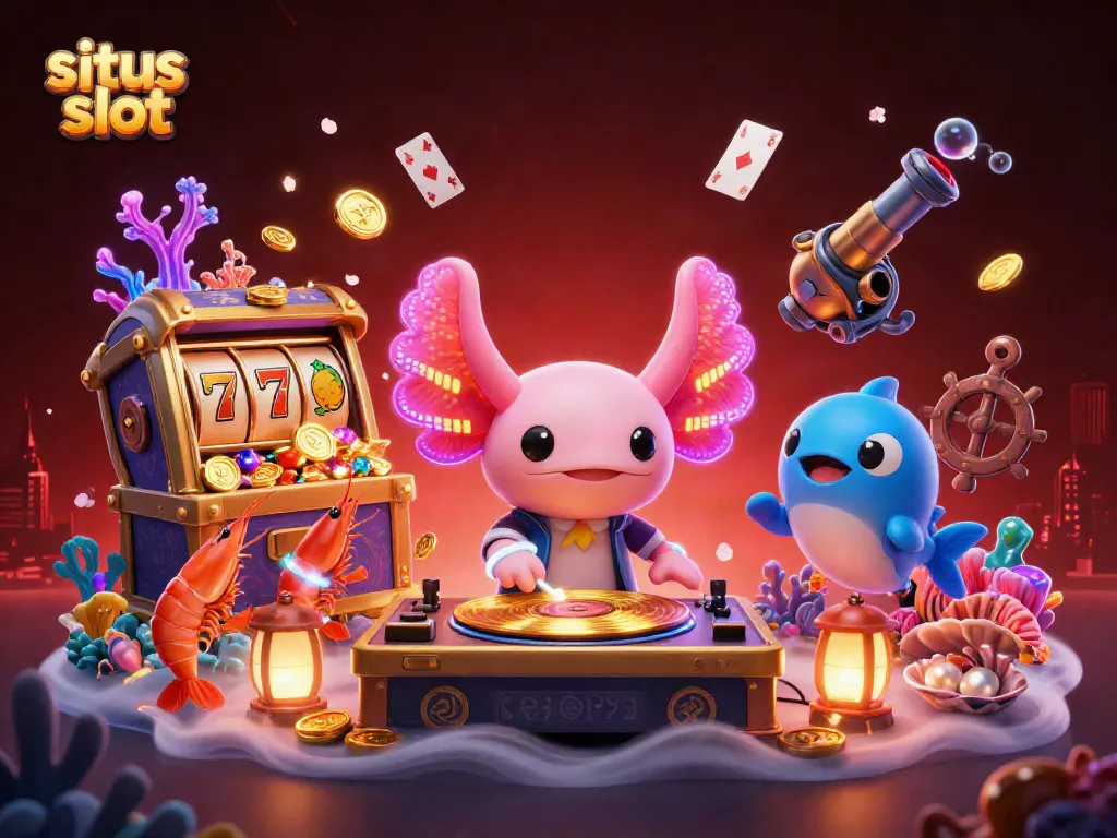 Experience situs slot excitement with a vibrant 3D illustration of an axolotl DJ and lively sea creatures.