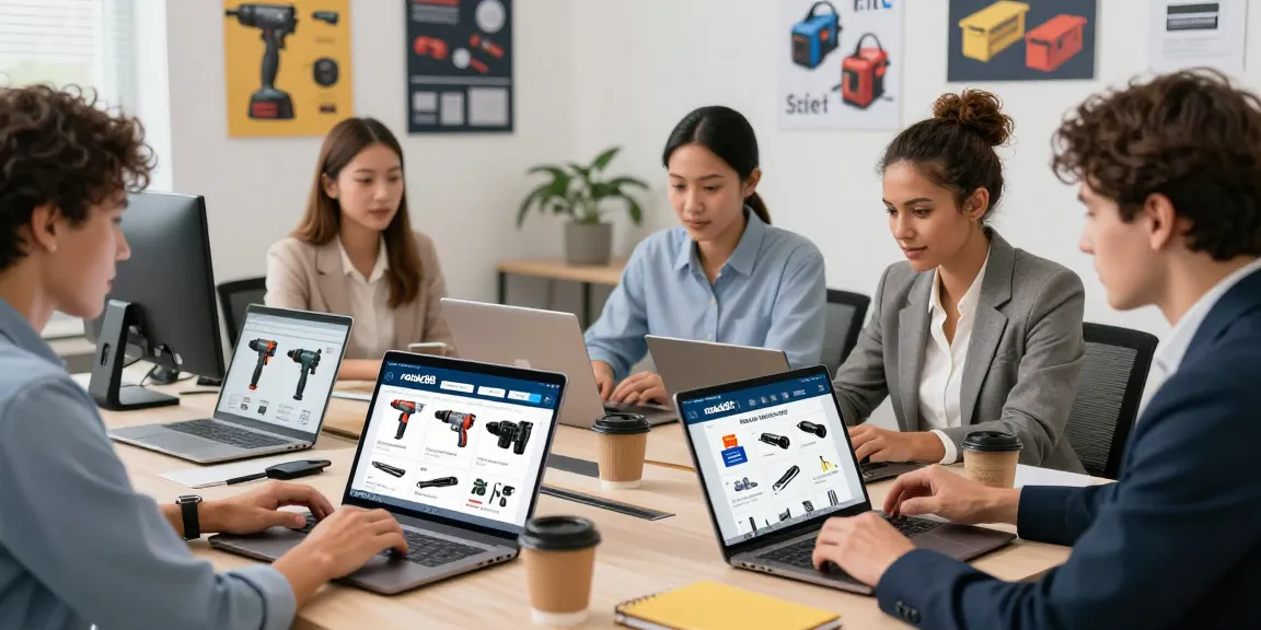 Diverse business professionals exploring industrial tools and office supplies online, engaging with rokok88 slot offerings in a modern office.