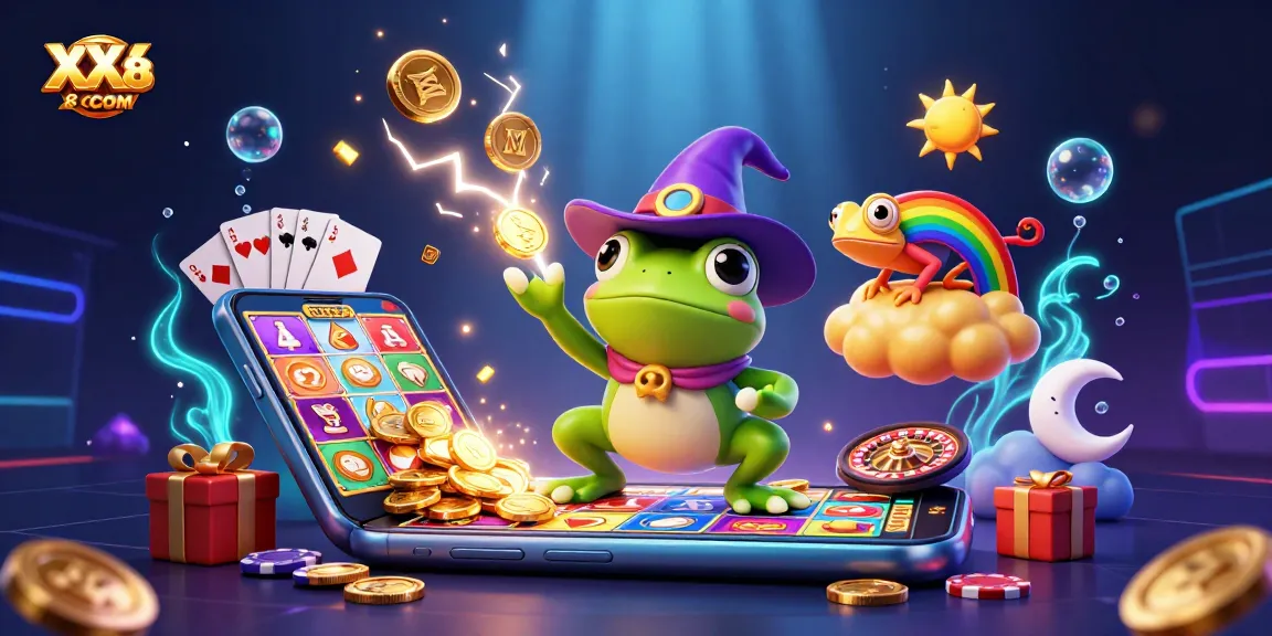 Win big with XX88COM as a wizard frog conjures coins amid vibrant online gaming elements.