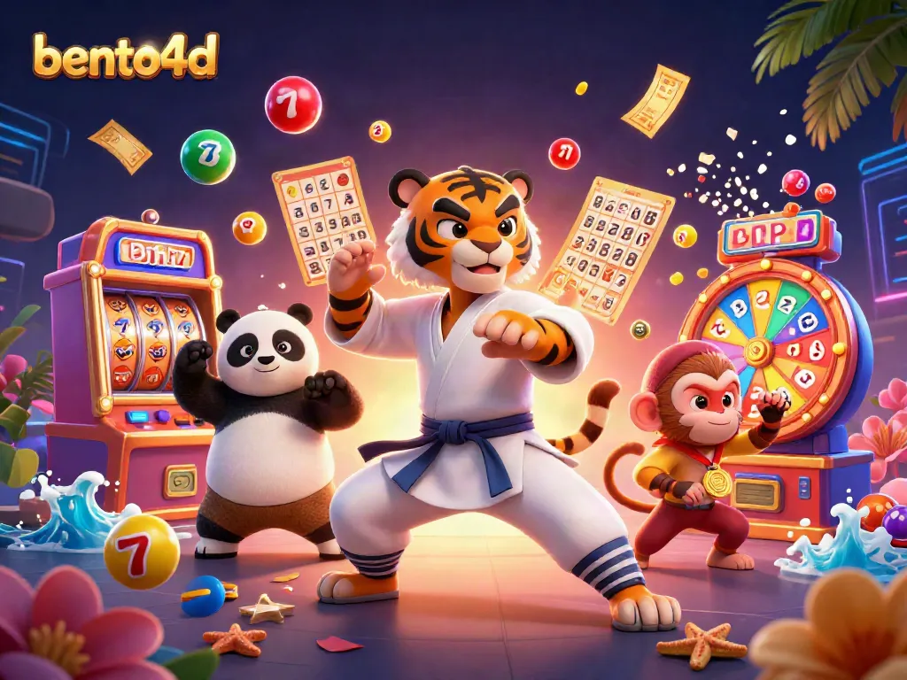 Engage in fun with bento4d as a kung fu tiger and friends celebrate colorful jackpots in a vibrant casino.