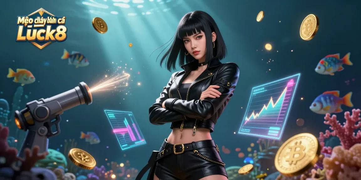 Mẹo chơi bắn cá Luck8 showcases a skilled Asian woman amid dynamic underwater scenes, mastering fish shooting strategies.