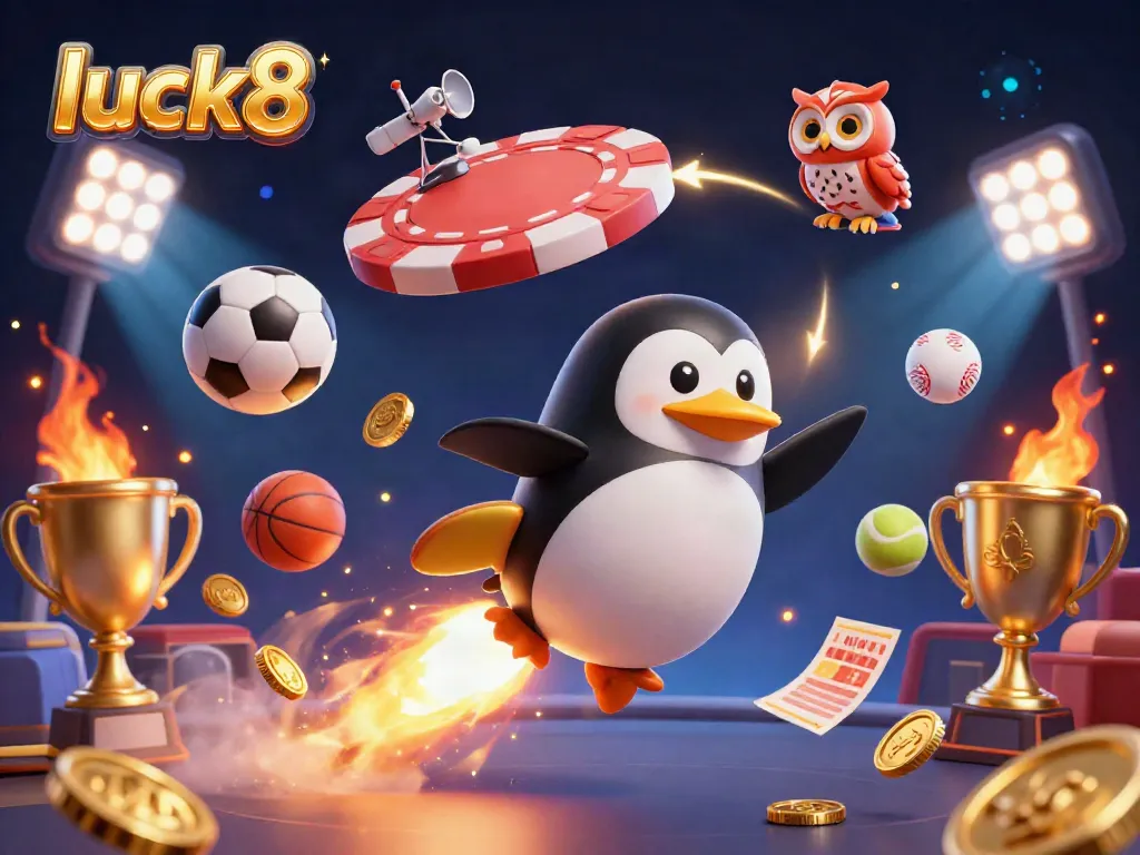 Experience the dynamic world of luck8 as a penguin and sports elements interact in a dazzling casino universe.
