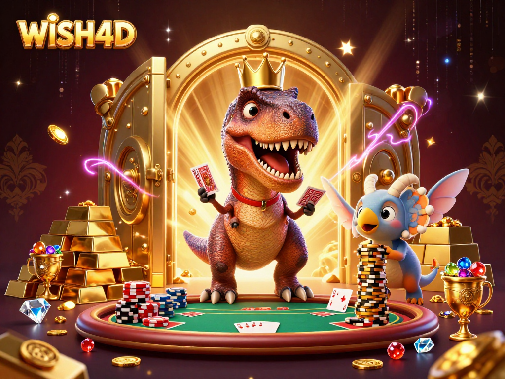 WISH4D showcases a vibrant cartoon scene of dinosaurs engaging in poker with dazzling gold treasures.