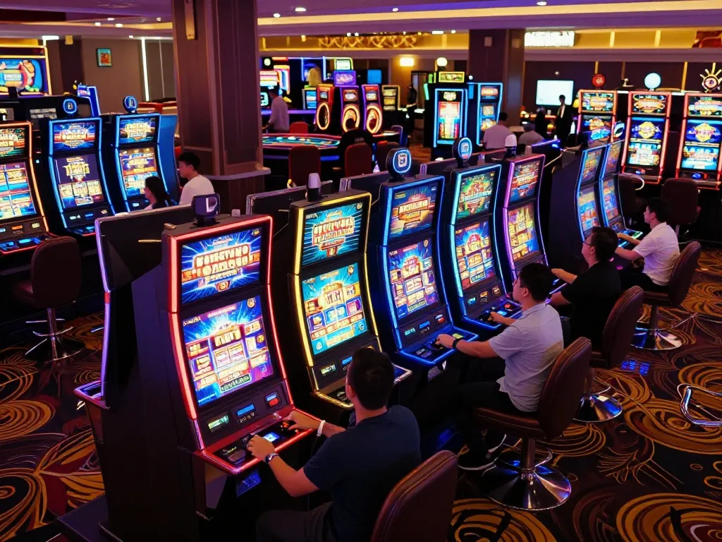 Experience the excitement of rokok88 slot gameplay amidst a lively casino atmosphere with flashing machines.