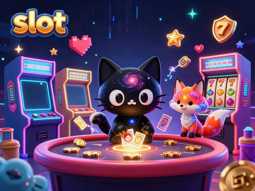 Slot machine gaming scene featuring a cosmic cat and nebula fox amidst colorful casino elements.