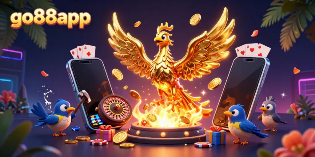 Engage with go88app’s thrilling gameplay through vibrant casino visuals featuring golden phoenix and dynamic game elements.
