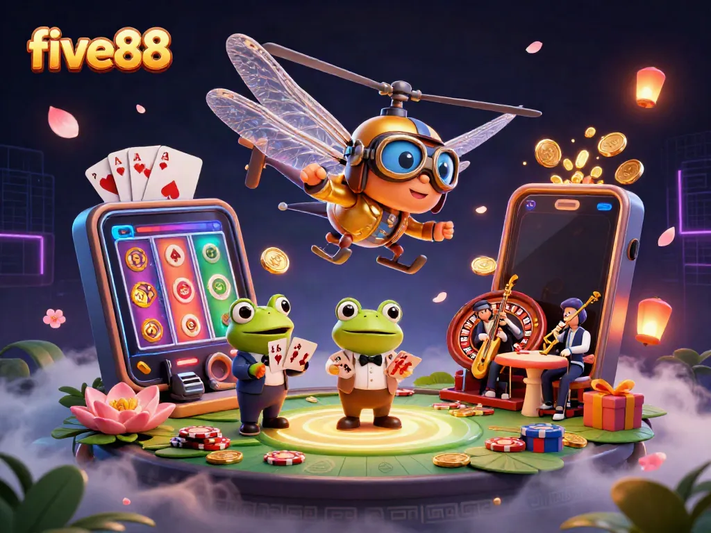 Experience five88's vibrant casino ambiance with a dragonfly pilot and frog dealer in a rich 3D scene.