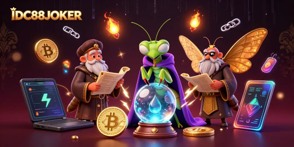 Experience the magic of IDC88JOKER with cartoon characters exploring a vibrant casino realm.