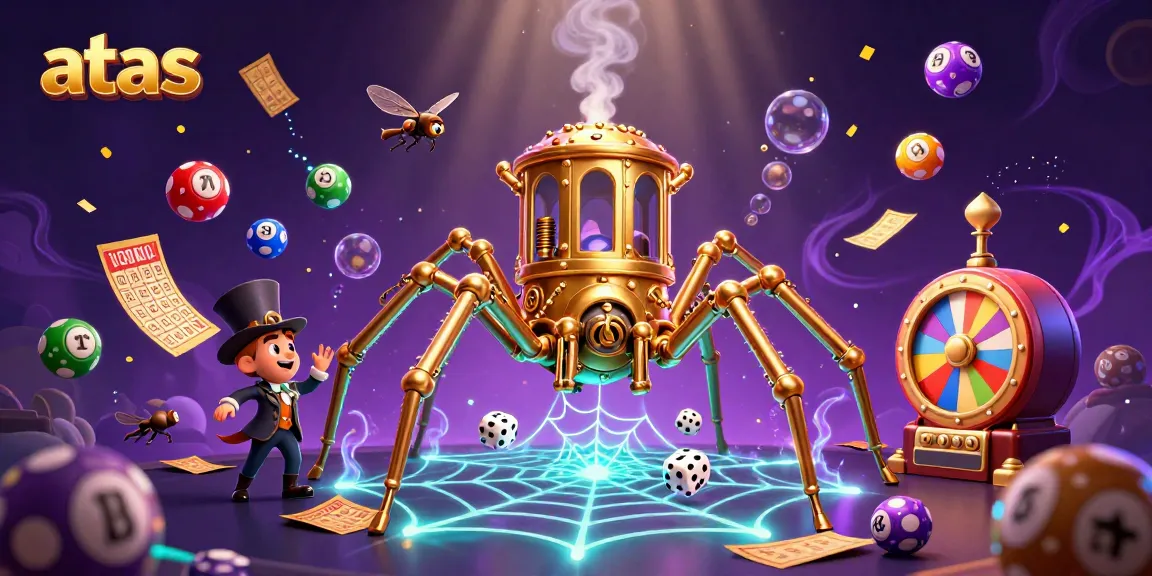 Catch exciting wins at ATAS Casino with a vibrant illustration of a golden spider trapping dice in its web.