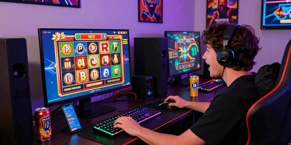 Online gamer thrilled with slots gameplay, showcasing depo pulsa 10k tanpa potongan in a cozy gaming setup.