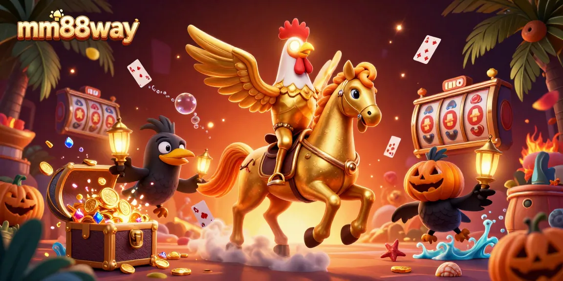 Experience the thrilling casino world with mm88way as the golden rooster rides through a vibrant fantasy!