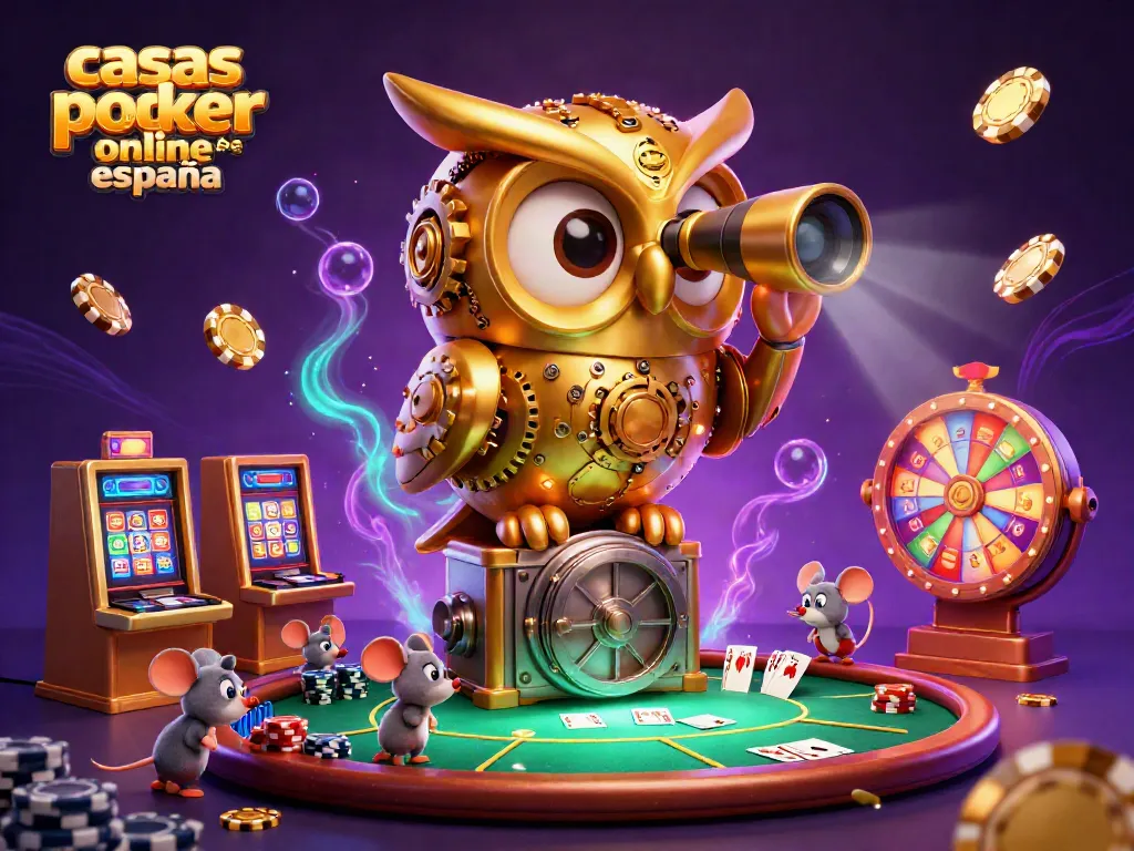 Disfruta de emocionantes partidas en las casas de poker online españa con una divertida ilustración 3D de un búho dorado y ratones juguetones.