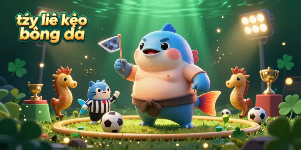 Betting on tỷ lệ kèo bóng đá with a dynamic sports-themed 3D cartoon scene including fugu and a referee.