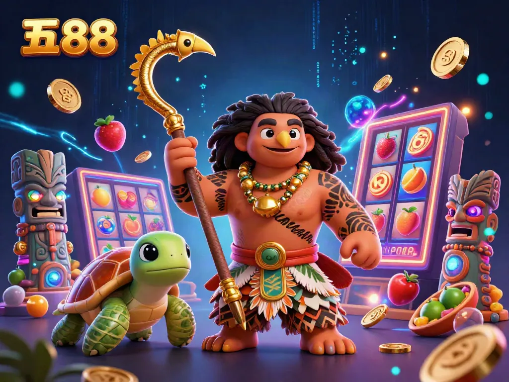 Engage in thrilling gameplay with five 88's vibrant 3D casino illustration, featuring colorful slots elements.