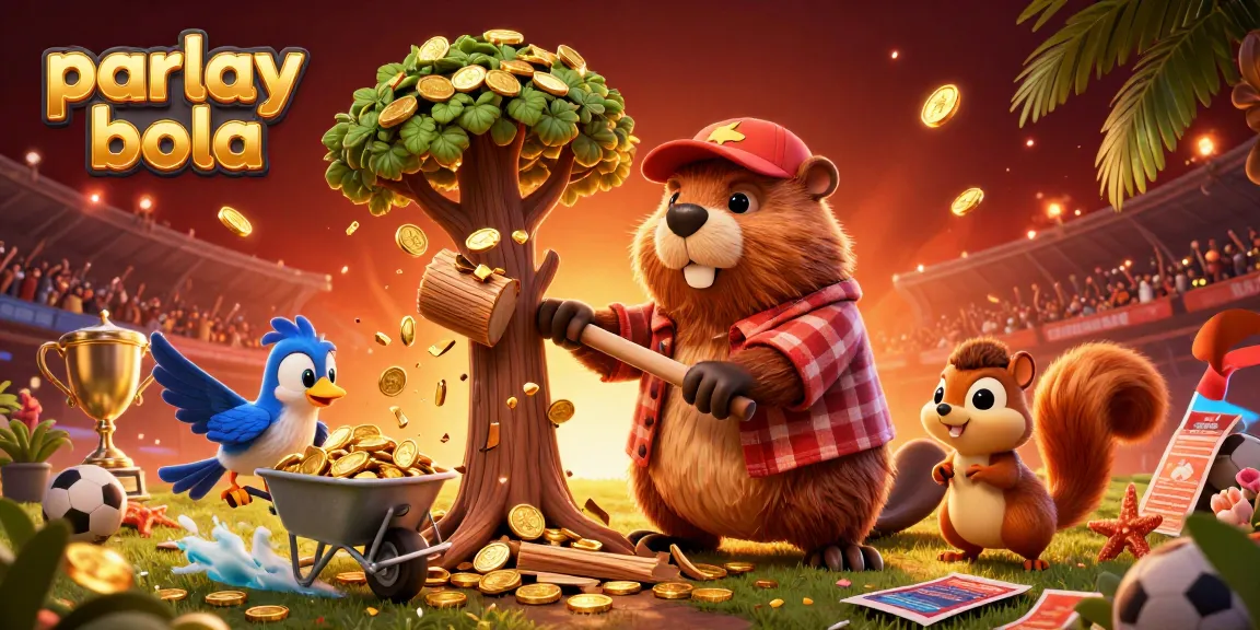 Experience parlay bola excitement with a beaver, bird, and squirrel in a vibrant sports betting scene.