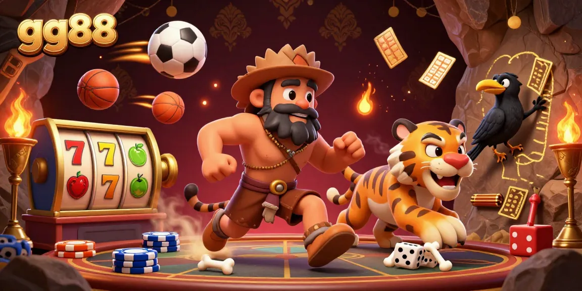 Engage with the vibrant scene of gg88 featuring stone poker chips and spinning slots in a prehistoric casino.