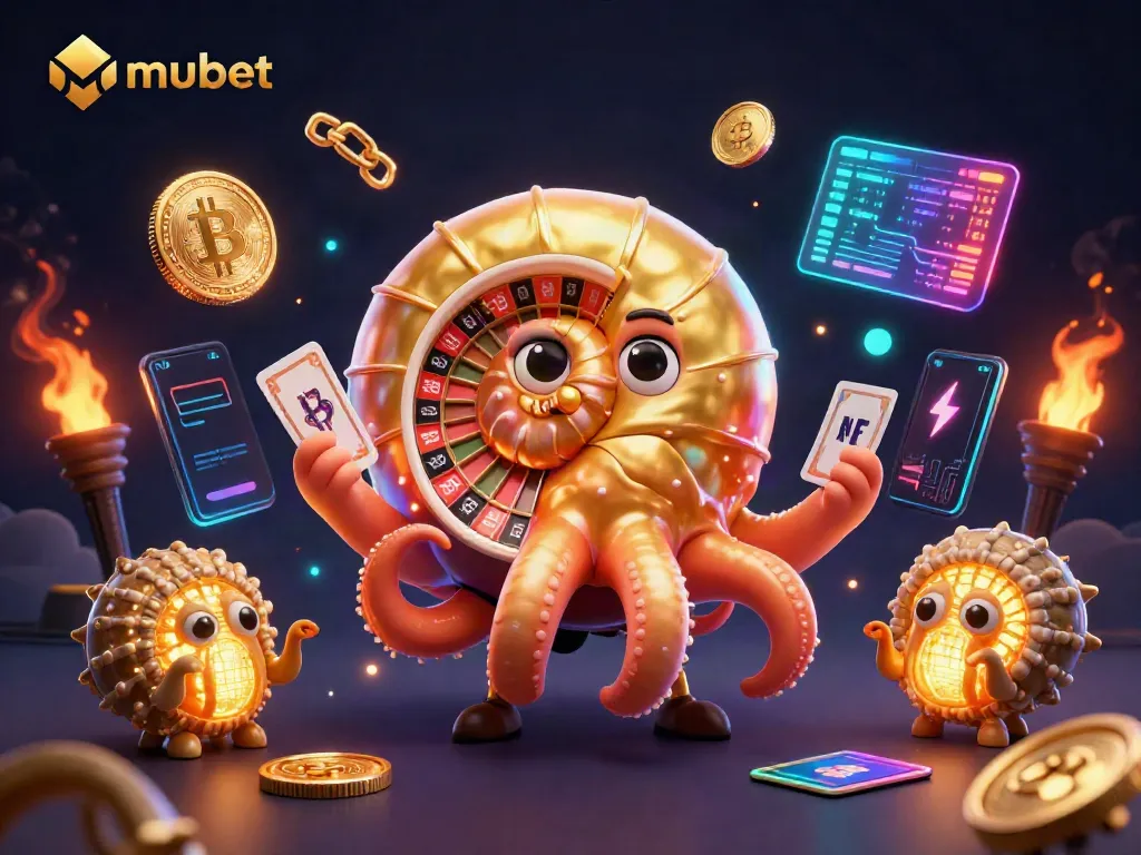 Engage with exciting gaming on mubet, featuring a dynamic scene with nautilus and glowing crypto elements.