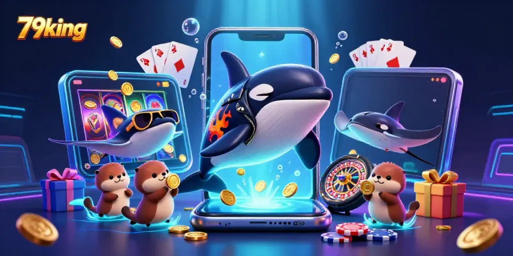 79king creates an engaging underwater scene with an orca whale, stingray, and sea otters enjoying a colorful slot game.