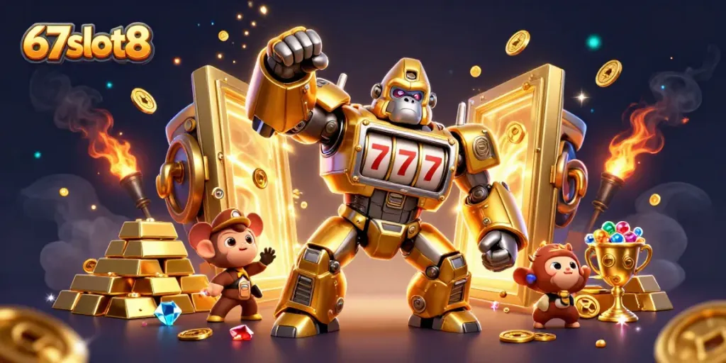Experience thrilling gameplay at 67slot8 with immersive 3D illustration of slot machines and gold treasures bursting with excitement.