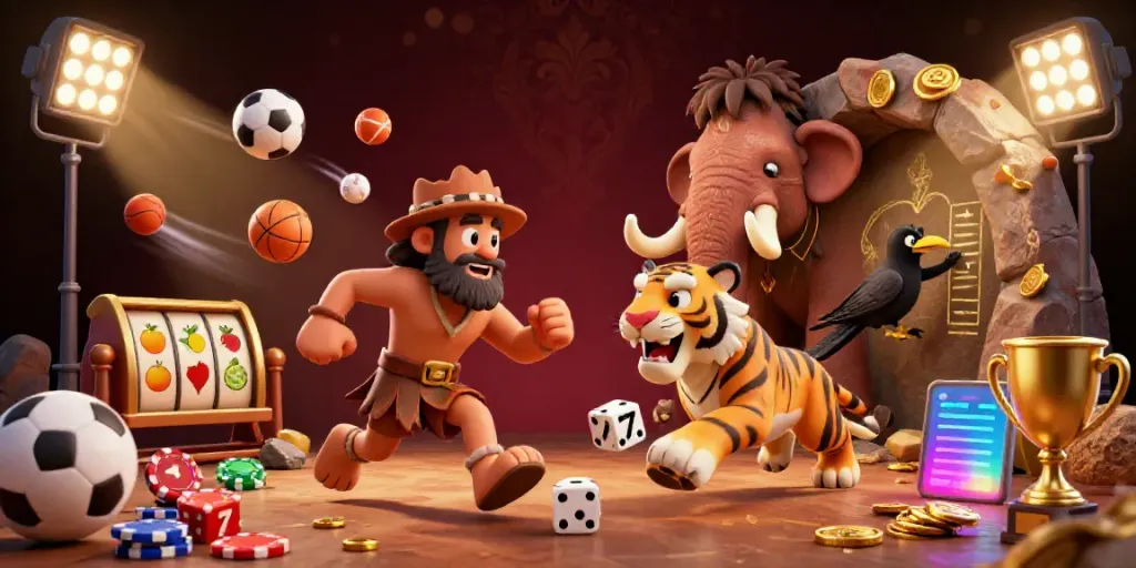 Experience the excitement of MPO08 with prehistoric characters celebrating casino wins among vibrant gaming elements.