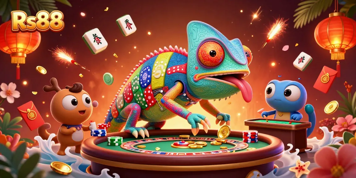 Experience vibrant gameplay at Rs88 with a chameleon casino owner collecting golden coins.