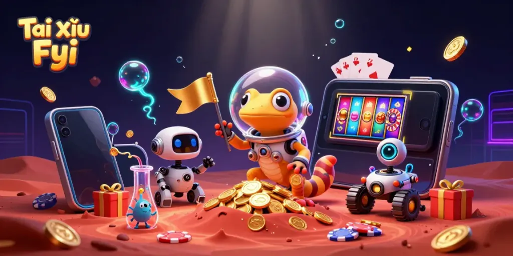 Experience Tài Xỉu Fyi with a Martian gecko discovering a golden casino in an alien landscape.