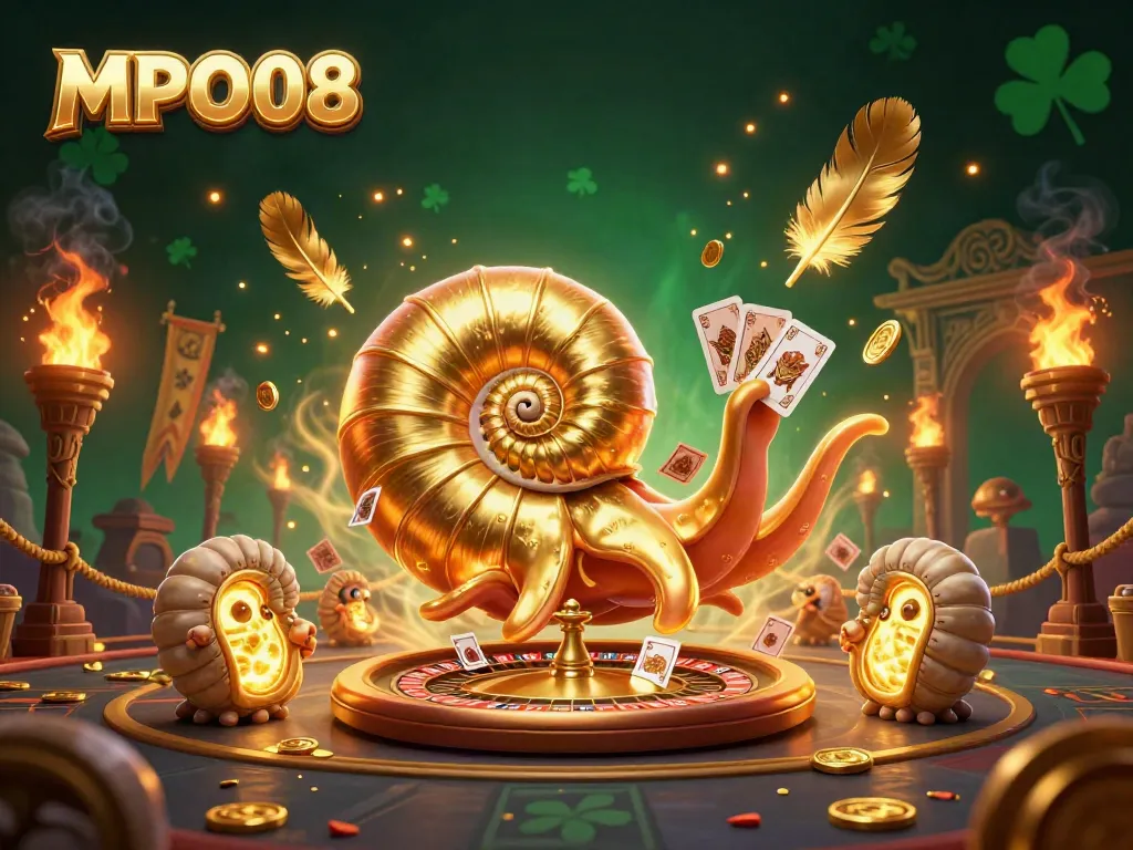 MPO08 offers thrilling casino experiences with a casino-themed illustration featuring a giant nautilus roulette wheel and glowing ammonite companions.