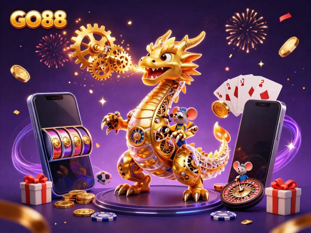 Experience the excitement of GO88 with a dynamic golden dragon and thrilling slot games in a rich casino scene.