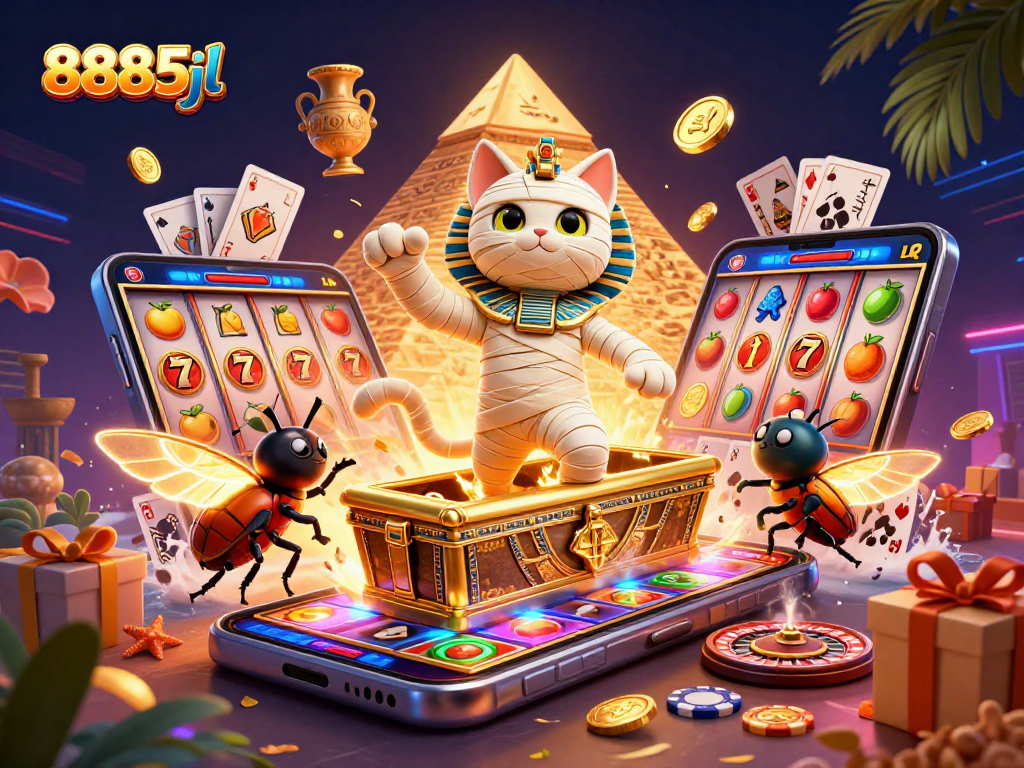 Spin to win with 8885jl featuring Egyptian mummy cat and vibrant casino elements!