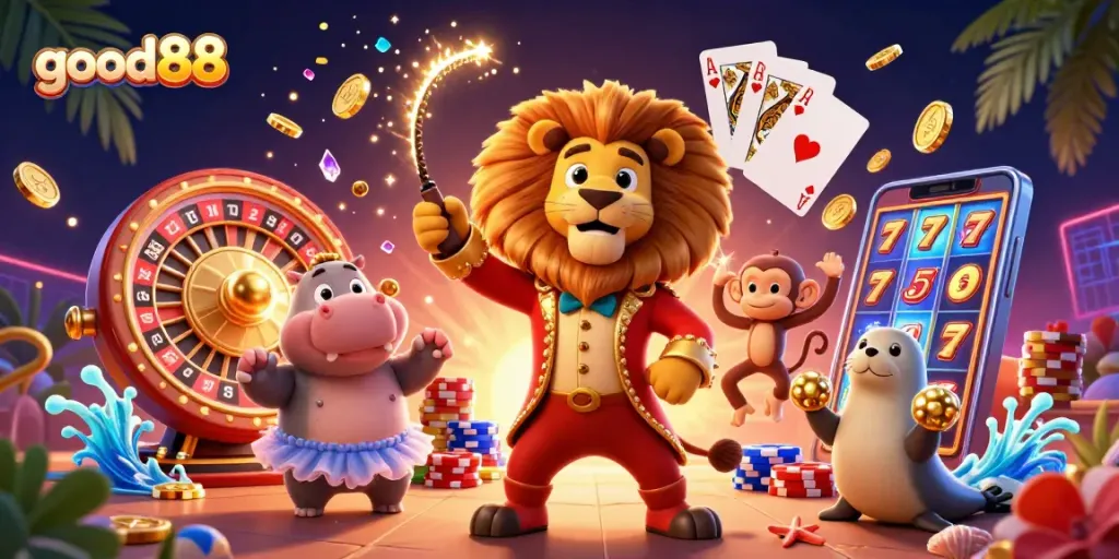 Engage with good88's vibrant casino scene featuring exciting games, playful characters, and dazzling winnings.