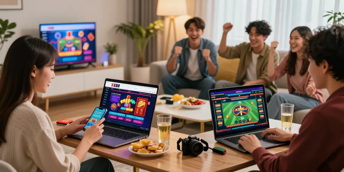 Online gambling excitement with users engaged on https://xx88.se.net/ in a cozy living room, celebrating wins.