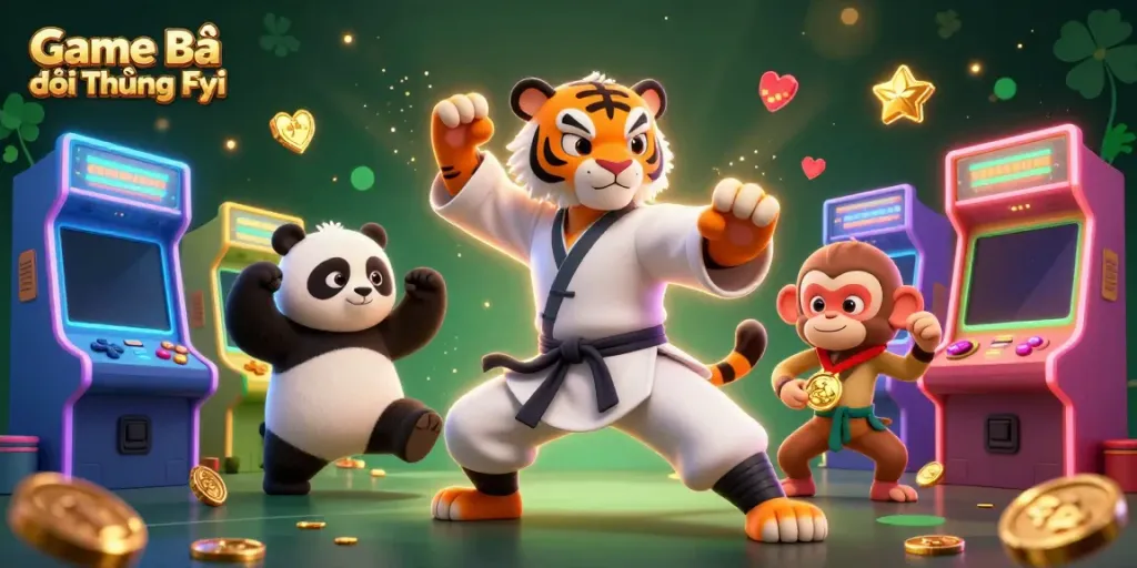 Engage with Game Bài Đổi Thưởng Fyi through a vibrant 3D illustration of a kung fu tiger, panda, and monkey in a casino setting.