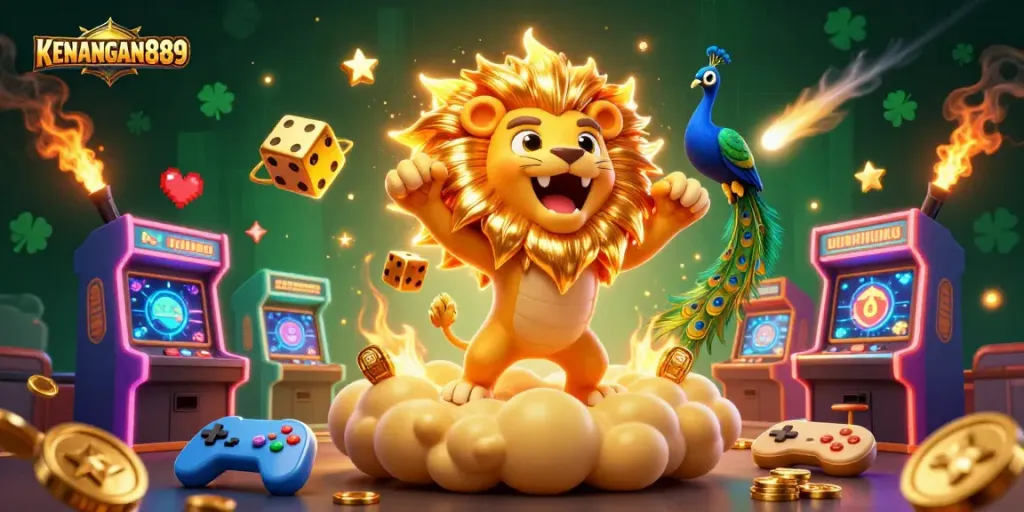 Experience thrilling wins at KENANGAN889 with a vibrant 3D casino scene filled with games and excitement.