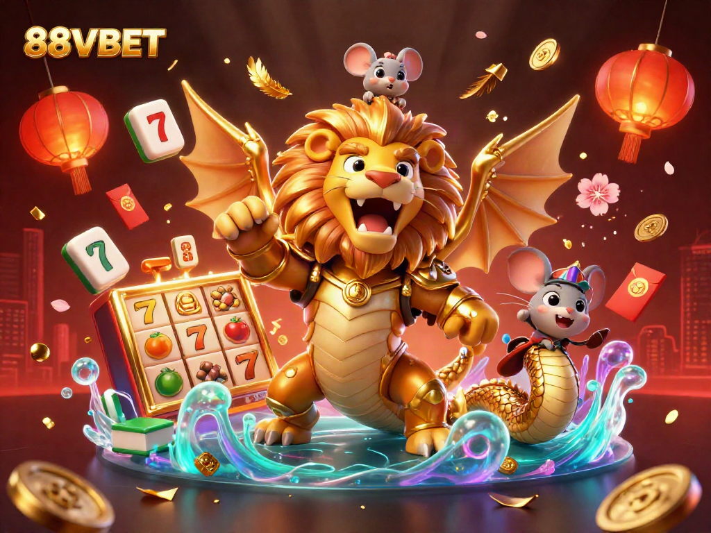 Experience the excitement of 88VBET with a dynamic 3D casino scene featuring vibrant slot reels and a roaring chimera creature.