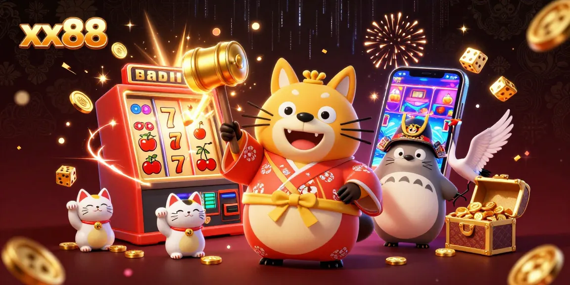 Experience exciting wins at xx88 with cheerful characters surrounded by jackpots and vibrant games.