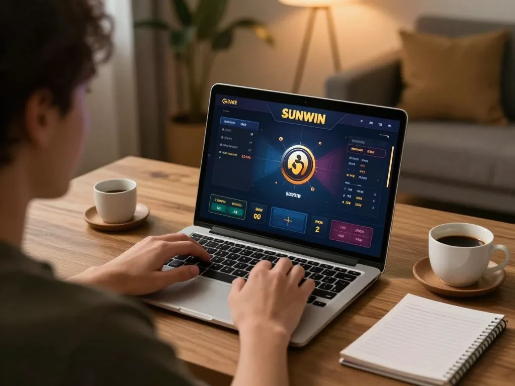 Engaging with GAME SUNWIN on a laptop, creating a comfortable online gambling experience.